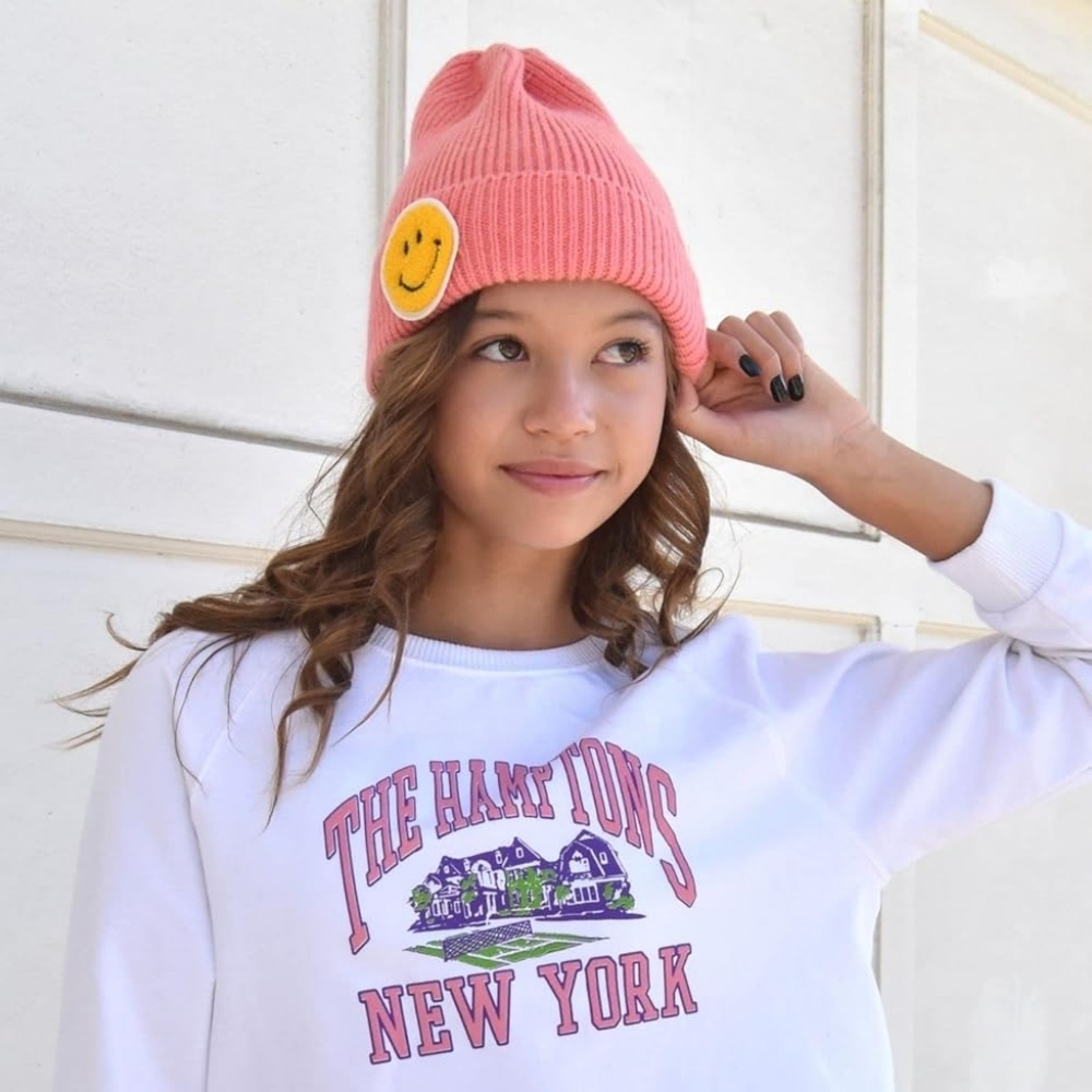 Pink Ribbed Smiley Face Beanie (Pink)